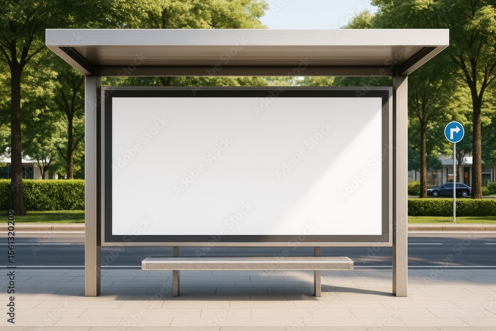 Aufkleber blank advertising billboard at modern bus stop with empty copy space under soft daylight on clean ur