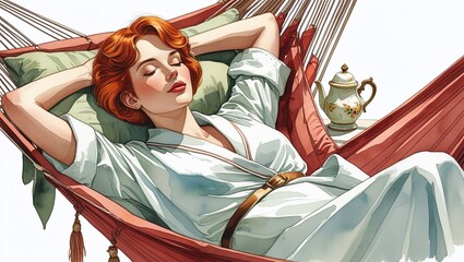 Woman with Red Hair Relaxing in a Hammock with Teapot