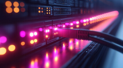 close-up of ethernet cables connected to servers with blinking led indicators, complex networking setup