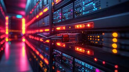 close-up of ethernet cables connected to servers with blinking led indicators, complex networking setup