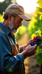 Experienced Winemaker Inspecting Ripe Grapes in Sunny Vineyard, Assessing Harvest Readiness