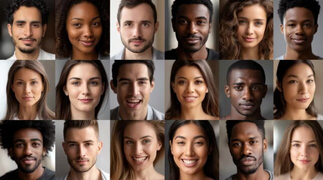 Diverse group of people smiling and showing different expressions, closeup.