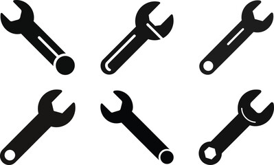 A set of vector tool silhouettes for construction and repair, including hammer, wrench, and screwdriver icons, isolated on a white background