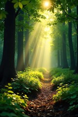 Dappled Sunlight Filtering Through Forest Leaves Warm, Tranquil Summer Scene