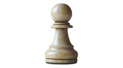 Photorealistic image of a single white chess pawn. Sharp focus on classic shape and material texture (wood/plastic). Clean studio lighting, 