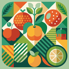 Abstract geometric pattern of farm food. Stylized poster with fruit and vegetables. Agriculture plants in cubism style. Contemporary art of healthy, natural, organic products. Flat vector illustration
