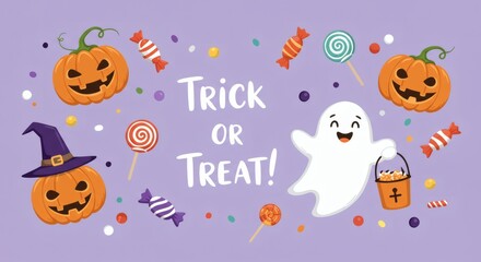 Spooky Halloween Fun Trick or Treat with Cute Ghosts and Pumpkins