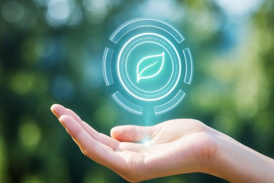 Futuristic eco leaf icon floating above open hand, symbolizing sustainability and green technology on a blurred natural background.