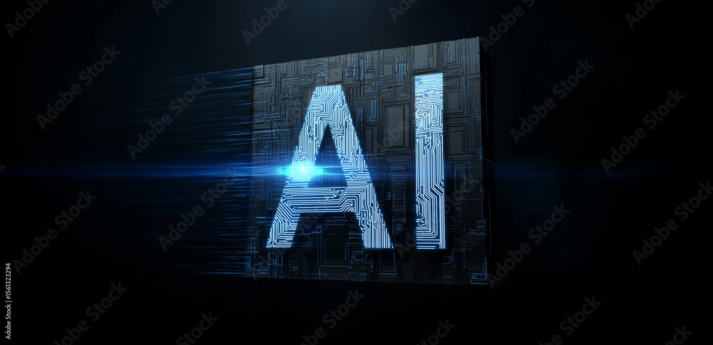 Poster on a dark background, a three - dimensional “ai” cube with a metallic texture, light sweeping from t