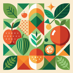 Abstract geometric pattern of farm food. Stylized poster with fruit and vegetables. Agriculture plants in cubism style. Contemporary art of healthy, natural, organic products. Flat vector illustration