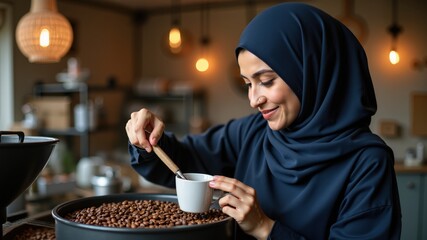A woman in a navy hijab roasting coffee beans. Muslim business. Authentic Arabian style.