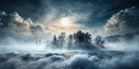 Fototapeta premium Mysterious foggy landscape with dry ice smoke and misty clouds overlay