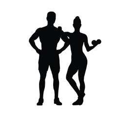 Fototapeta premium Silhouette of Fitness Enthusiasts Posing With Dumbbells for Exercise and Wellness