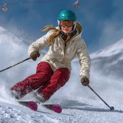 Young woman skiing down a snowy mountain slope with goggles and helmet