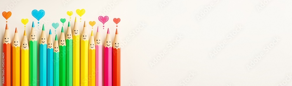 Poster Group of colorful smiling pencils with hearts on light background, playful concept with copyspace for design or banner template.