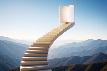 Surreal staircase to glowing open door floating above mountain landscape in soft daylight, symbolizing opportunity and ascension concept.