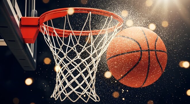Basketball soars toward the hoop in a dynamic shot with sparkling light effects