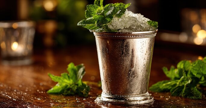 A refreshing mint julep cocktail served in a frosty silver julep cup, perfect for upscale bars and summer drink promotions. High quality