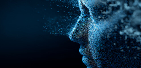 Against a dark background, a human face outline is made of blue particles, some drifting, creating a tech - savvy and dreamy atmosphere, like an AI or digital art theme.