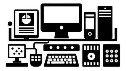 Collection of stylized black and white computer hardware and peripherals arranged on a shelf and desk