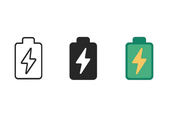 Trio of battery icons with green indicator in simple minimalistic vector illustration for technology design
