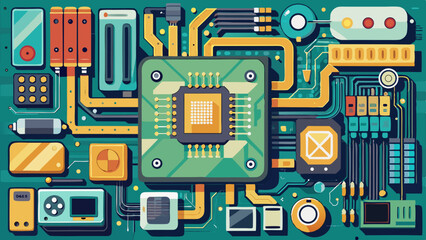 Stylized illustration of a complex circuit board with a central processor and various electronic components and connections