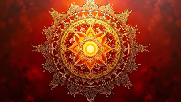 A traditional painting of Shree Yantra in radiant gold over a deep red textured background, symbolizing manifestation and wealth attraction in Vastu.
