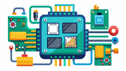 Abstract illustration of a complex circuit board with multiple processors and connections representing technology and innovation