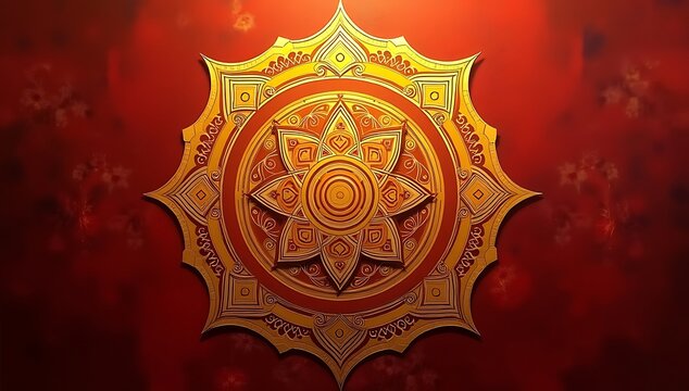 A traditional painting of Shree Yantra in radiant gold over a deep red textured background, symbolizing manifestation and wealth attraction in Vastu.
