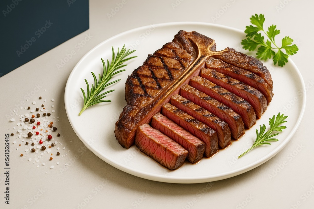 Poster juicy sliced t-bone steak with grill marks served on white plate with herbs and spices on minimal ba