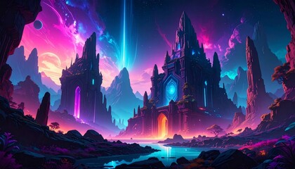 Neon Castle in a Fantasy Landscape