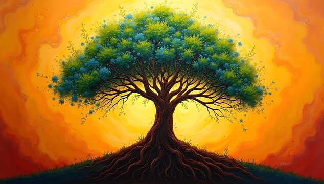 Painting of a vibrant tree of life with roots and branches spreading symmetrically, representing connection, growth, and energy alignment in Vastu.
