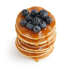 Tasty pancakes with blueberries isolated on white background