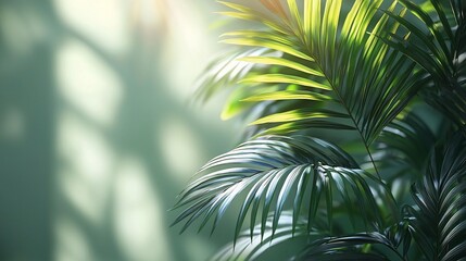 Lush palm leaves, indoor setting, soft light, muted backdrop