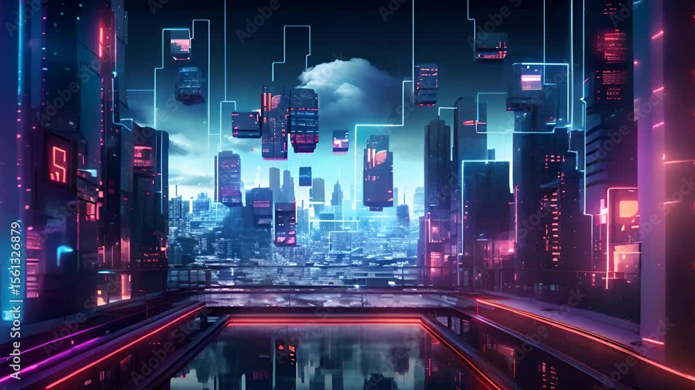 Poster neon technology city business concept with skyscraper buildings and virtual network connection