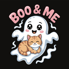 Ghost flying with a cat and text boo & me kawaii-style vector t-shirt isolated on a black background