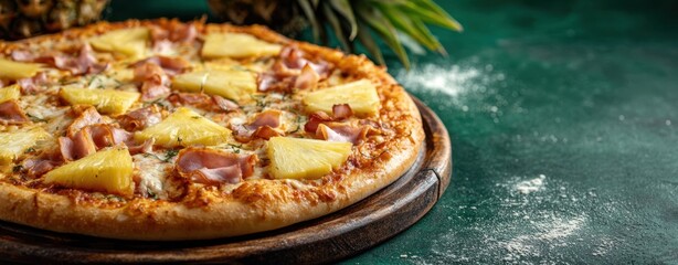 The delicious Hawaiian pizza topped with pineapple and ham on a wooden board