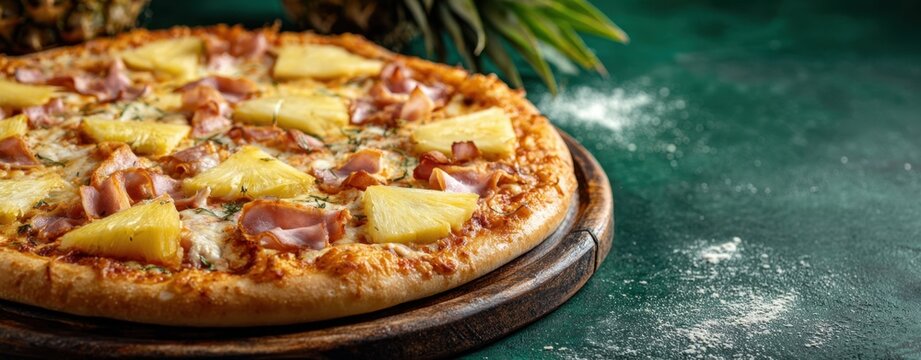 Fototapeta The delicious Hawaiian pizza topped with pineapple and ham on a wooden board
