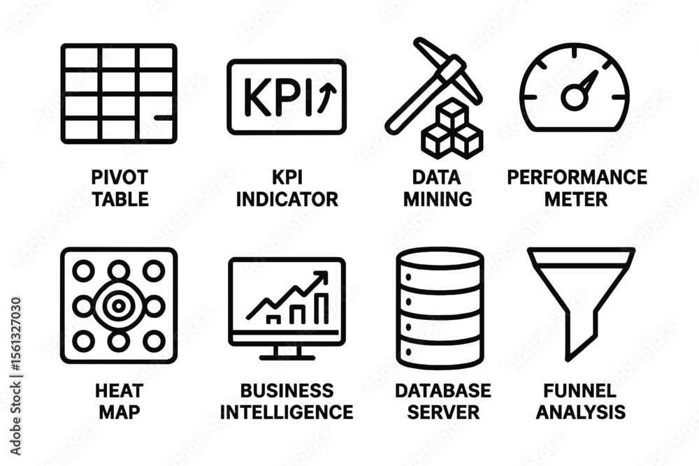 Poster business intelligence and analytics icon set vector illustration for data mining and metrics