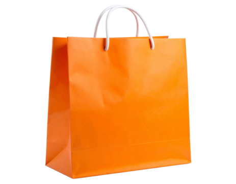 Front View of Orange Paper Shopping Bag with White Handles, Isolated on White Background