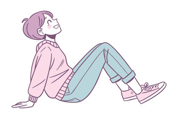 The Young Soul's Gaze: A portrait of a cheerful soul gazing up in the sky. A young individual sits gracefully on the ground, seemingly lost in a world of thought, joy and a state of peaceful serenity.