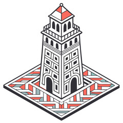 Fototapeta premium Isometric illustration of a white lighthouse with a red roof standing on a patterned square base