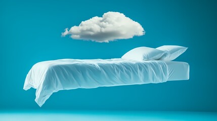 Dreamy Bed Floating on Blue Peaceful Sleep Concept isolated on transparent background