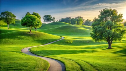 Naklejka premium Rolling hills of emerald green grass in a serene public park setting with a few trees and a winding path leading into the distance