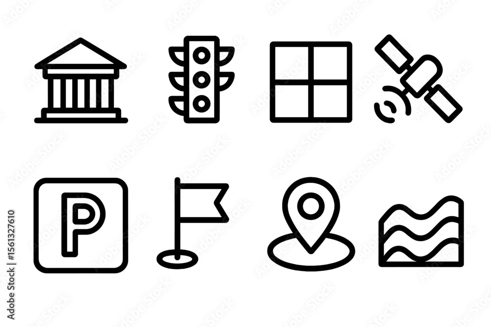 Poster simple line vector illustration of location and map icons for design and navigation