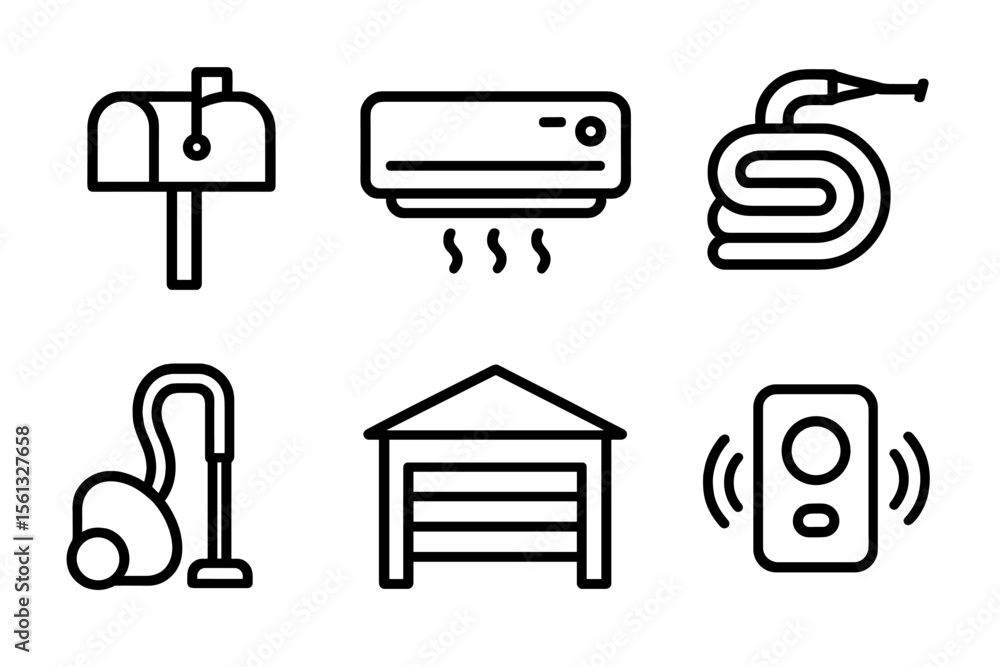 Poster home appliance and utility icon set vector illustration in simple line art style for digital use
