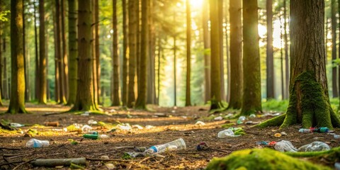 Litter scattered on forest floor amidst towering trees and green foliage