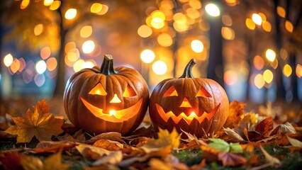 Fototapeta premium Two Illuminated Jack-o'-lanterns Amidst Autumn Leaves and Festive Bokeh Lights at Night