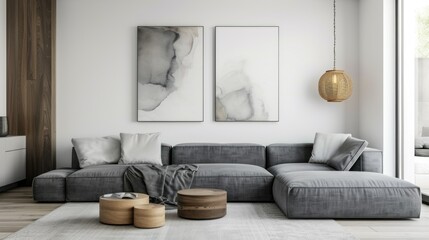 Sleek living room interior featuring a gray sofa and art on the wall