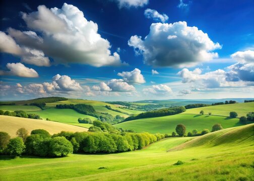 A serene landscape of rolling hills and meadows under a vast expanse of clear blue sky with fluffy white clouds